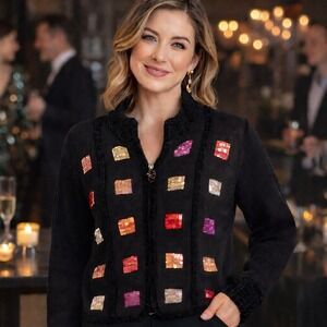 Vintage Susan Bristol Cardigan Sweater Sequin Embellished Cotton Black Womens XL